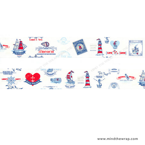 Nautical Washi Tape - Wide 30mm - Red White and Blue - Lighthouse Anchors Vintage Sailing Ships Beach