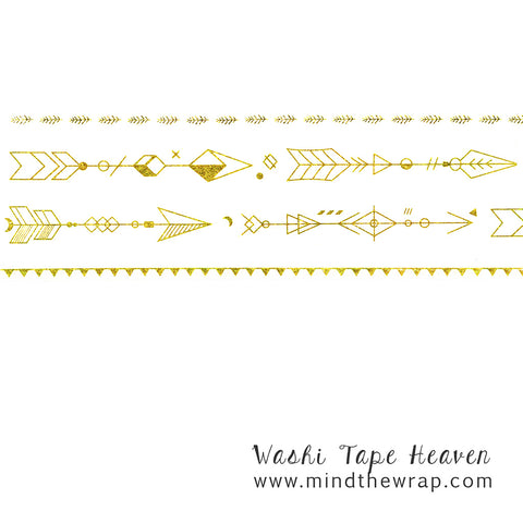 3 rolls - Gold Foil Washi Tape Set - Slim 5mm & 15mm - Arrows Banner and Sprig - Planners Decoration Card-making Supply