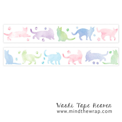 Watercolor Cats Washi Tape - 25mm x 5m - Colorful Pastel Kittens and Pawprints - Collage Planners Decoration Scrapbooking for Cat Lovers