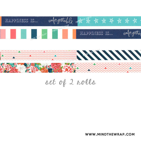 Heidi Swapp Washi Tape Set - 2 rolls - 15mm x 7m each - Happiness is Unforgettable - 6 different Patterns - September Skies