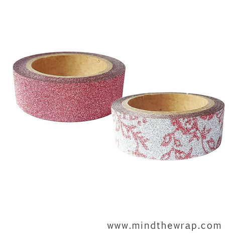 2 rolls - Glitter Tape Set Floral and Solid Color - 15mm x 5m each - Craft Supply Planners Decoration Card Making