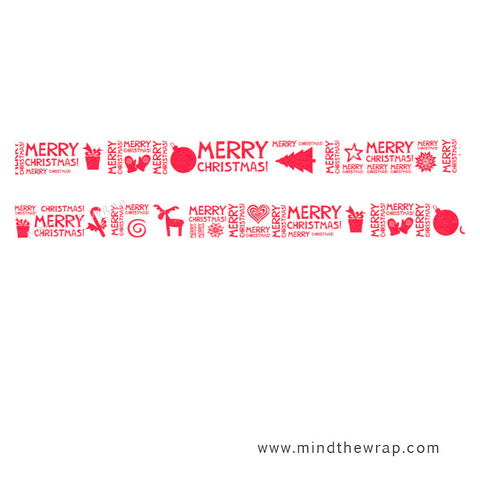 Merry Christmas Washi Tape - 15mm x 10m - Red Holiday Greeting Seasonal Icons - Gift Wrap Planners Scrapbooks