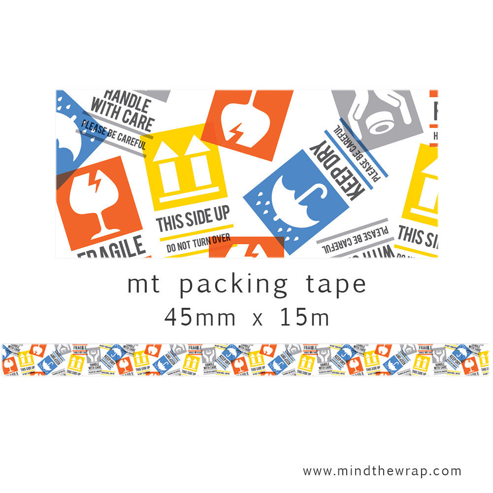 mt Packing Tape - Handle with Care Labels - 45mm wide x 15m long - Bright & Fun for Wrapping Packages - Shipping Packaging Tape