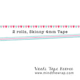 2 rolls, Skinny 4mm Washi Tape Set - Pink and Blue Hearts and Stripe - Perfect for Planners