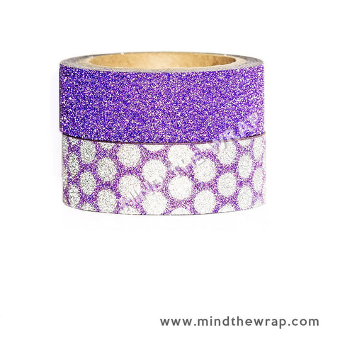 2 rolls - Purple Glitter Tape Set - 15mm x 5m each - Solid Color and Polka Dots - Beautiful Iridescent Sparkle