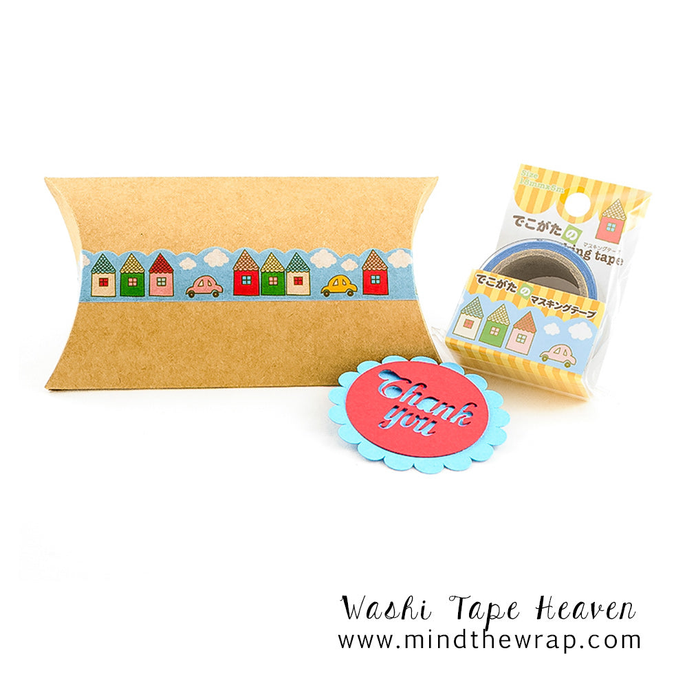 Whimsical Village Die-Cut Washi Tape - 18mm x 5m - Storybook Neighborhood Street Pink Cars Blue Sky Fluffy Clouds