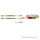 2 rolls - Skinny Washi Tape - Gold Foil Red & Green Christmas Holiday Stripe - 3mm x 10m on each roll