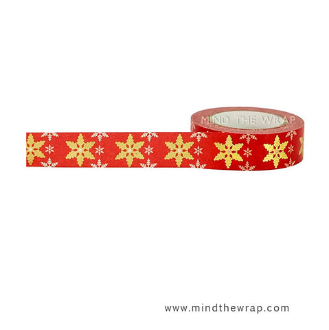 Snowflakes Washi Tape with Gold Foil - 15mm x 10m - Red and Gold Holiday Gift Wrap and Decoration