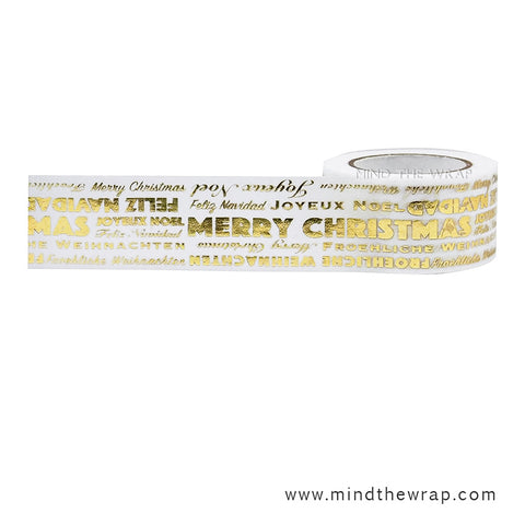 Gold Foil Washi Tape - International Merry Christmas French German Spanish English - 25mm x 10m -  Holiday Gift Wrap