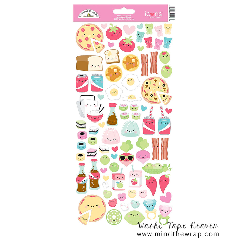 Doodlebug Food Stickers - "So Punny" Icons - Hearts Pizza Bacon Sushi Take-out Soda Coke bottles - Scrapbooking Card-making Supply