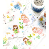 2 rolls, Garden Girls Washi Tape Set - Wide 45 & 35mm - Pastel Watercolor Little Girls and Flowers - Collage Planners Scrapbooking