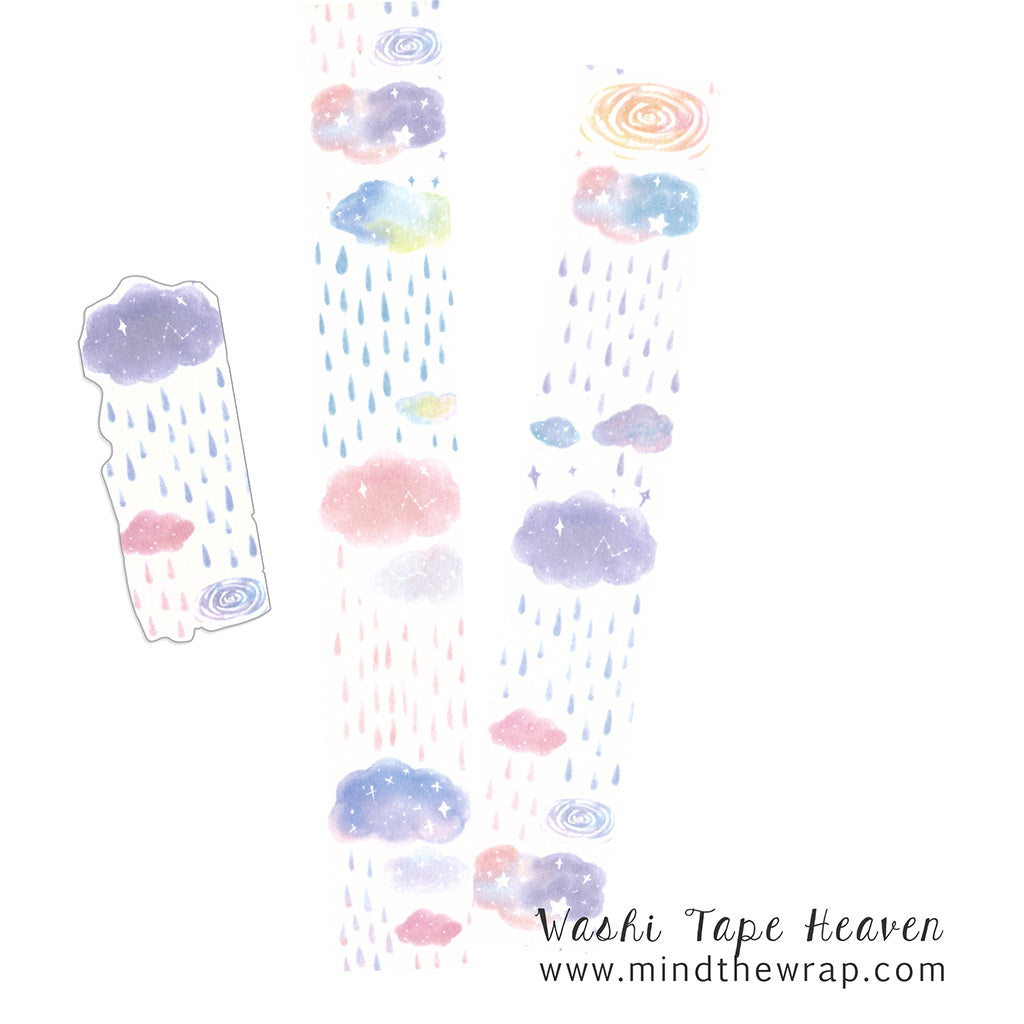 Rainy Day Washi Tape - Wide 35mm x 5m - Pastel Watercolor Clouds and Rain - Collage Planners Decoration Scrapbooking