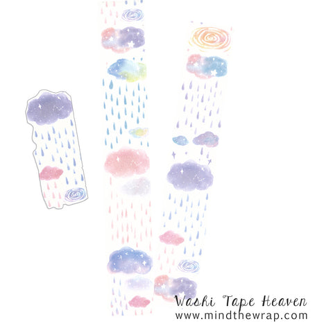 Rainy Day Washi Tape - Wide 35mm x 5m - Pastel Watercolor Clouds and Rain - Collage Planners Decoration Scrapbooking