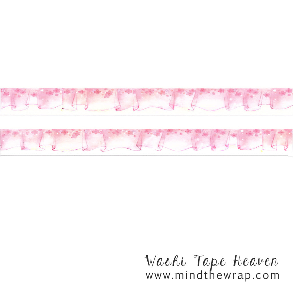 Pink Ruffle Border Washi Tape- 20mm -  Watercolor Sakura Cherry Blossoms Sheer Curtain Valance