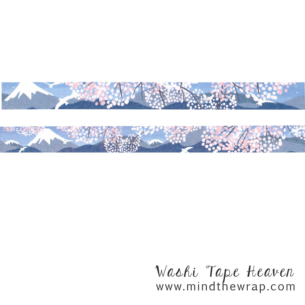 Spring at Mt. Fuji Washi Tape - Cherry Blossoms 15mm x 7m - Seasons Asian Calendar Solar Terms - Blue Mountains & Pink Sakura