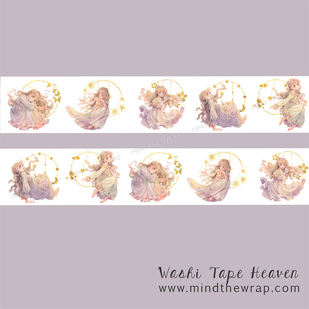 Girls with Golden Hoops Washi Tape - Angelic Children Gold Foil Flowers Butterflies Stars Hearts - Dreamy Pastel Watercolor - 35mm x 5m