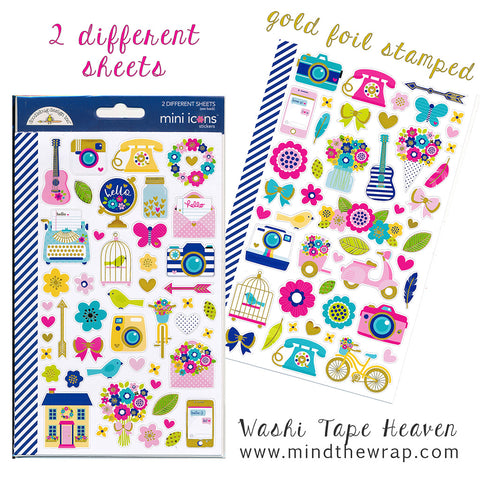 Everyday Planner Stickers - Doodlebug Hello Mini Icons - 2 Different Sheets - Flowers Camera Phone Guitar Bicycle Typewriter Mason Jar