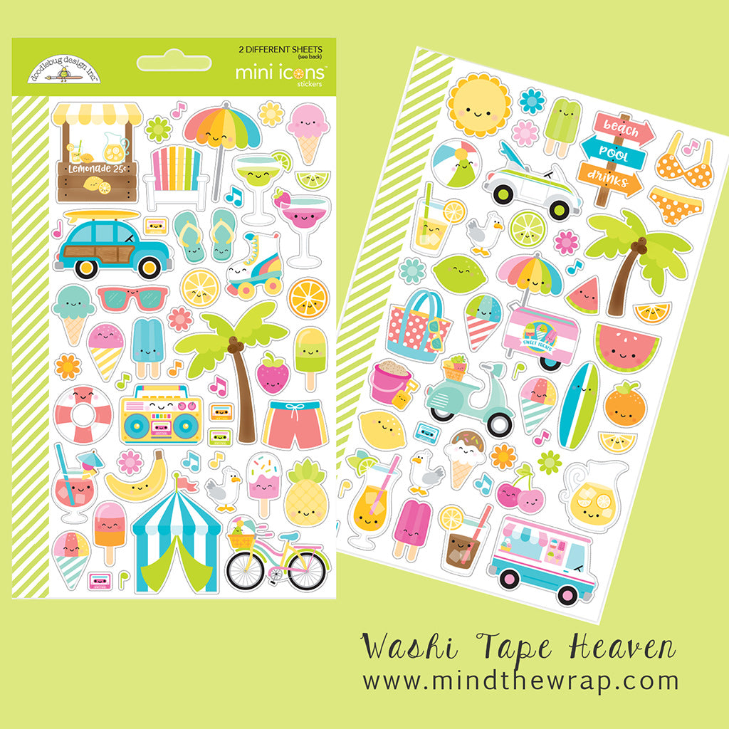 Summer Fun Planner Stickers - Doodlebug "Sweet Summer" Mini Icons - 2 Different Sheets - Ice Cream Palm Trees Beach Flip Flops