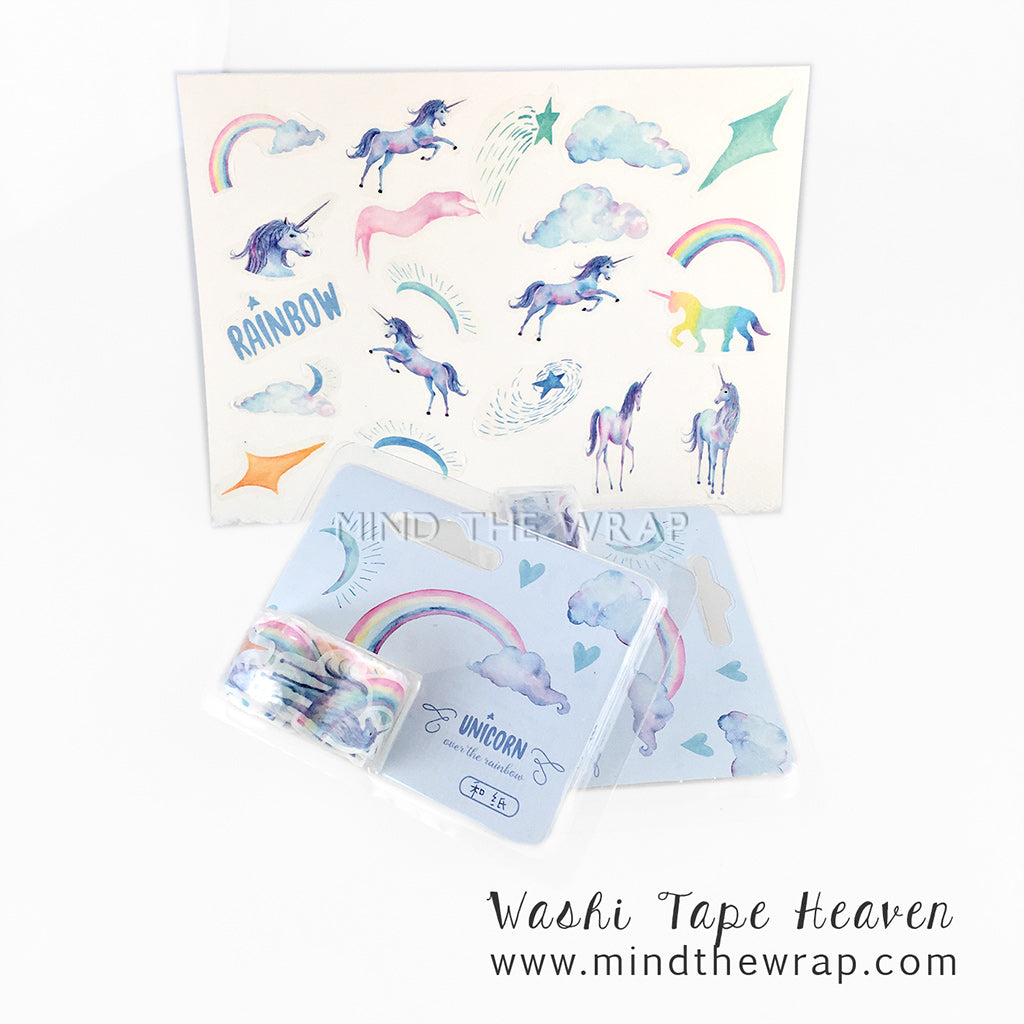 Rainbow Unicorn Washi Tape Stickers - 2 Rolls - 240 Die-cut Individual Pieces Overlap on a Roll
