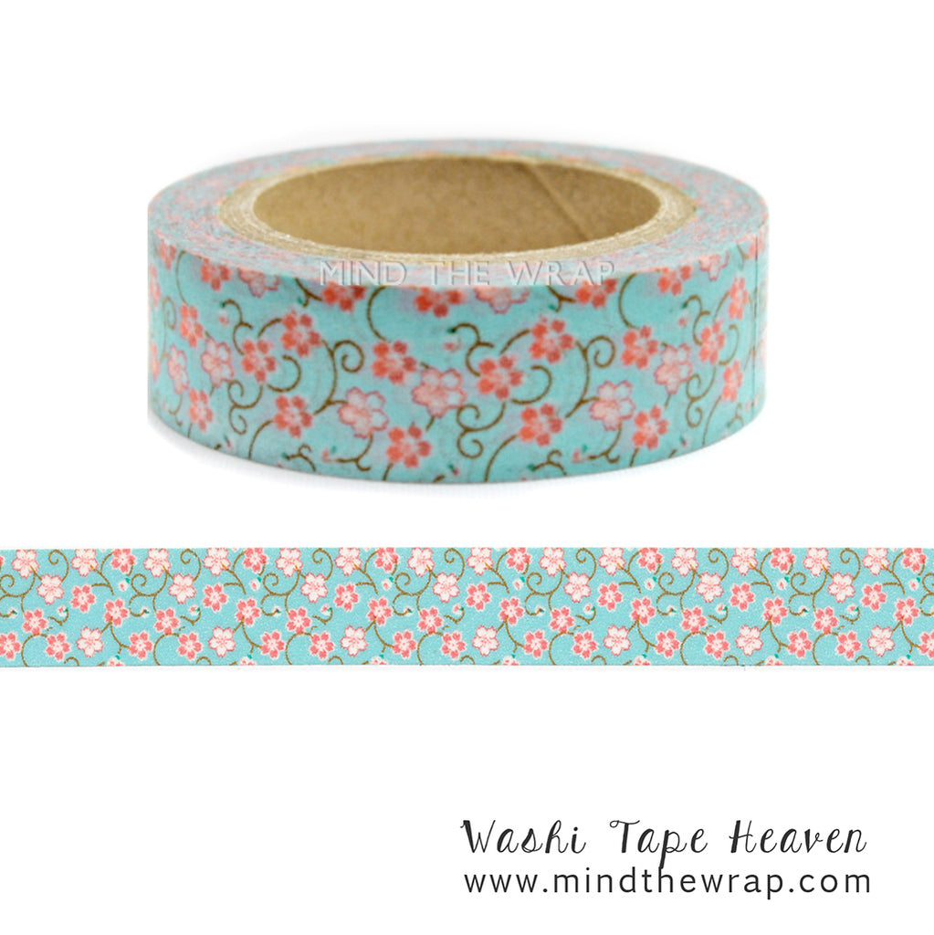 Coral Sea Washi Tape - 15mm x 10m- Coral and White mini Floral on a Sea Blue background - Card-making Scrapbook layouts Planners Decoration