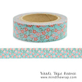Coral Sea Washi Tape - 15mm x 10m- Coral and White mini Floral on a Sea Blue background - Card-making Scrapbook layouts Planners Decoration