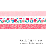 3 rolls Pink Washi Tape Set - 15mm x 10m each - Solid Pink Tropical Flowers Coral Sprigs -  Planners Decoration Scrapbooking Card-making