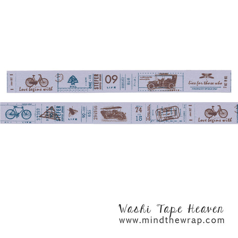 Vintage Stamps Washi Tape - Faux Postage Tickets - 15mm x 10m - Vintage Bicycle Antique Cars - Collage Planners Decoration Scrapbooking