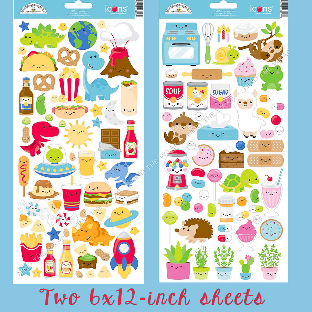 Doodlebug Icon Stickers Set - So Much Pun Collection - Dinosaurs Outer Space Bandaids Fast Food Candy Tacos - Huge Assortment