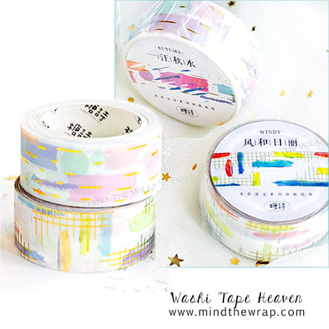 NEW Pastel Watercolor Washi Tape with Gold Foil - 2 Styles - Choose Pastel with Gold Lines or Bright Pastel with Gold Grids - 20mm x 5m each