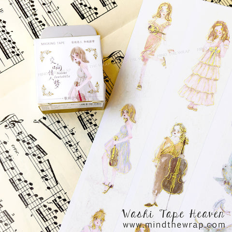 NEW Musicians Washi Tape with Gold Foil - Girls with Musical Instruments -  30mm Wide - Violin Cello Guitar Flute Music Concert Recital