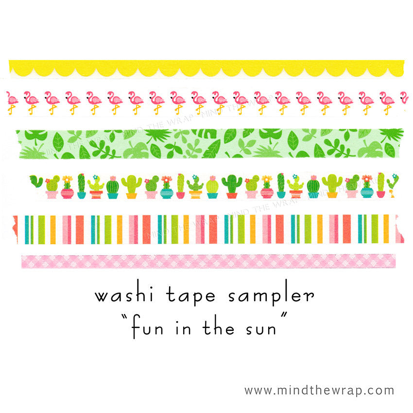 Tropical Washi Tape Sampler - Doodlebug Fun in the Sun Collection - 6 Designs 1 yard each - Flamingo Palm Leaves Cactus
