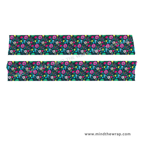 Black Floral Print Washi Tape - wide 30mm x 10m - Peacock Colors Small Flowers on a Black Background