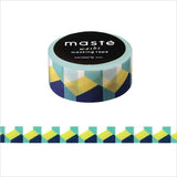 Masté "Retro Blocks" Japanese Washi Tape - 15mm x 7m - 3D Block pattern Mint Yellow Navy - Collage Art Supply Planners Decoration