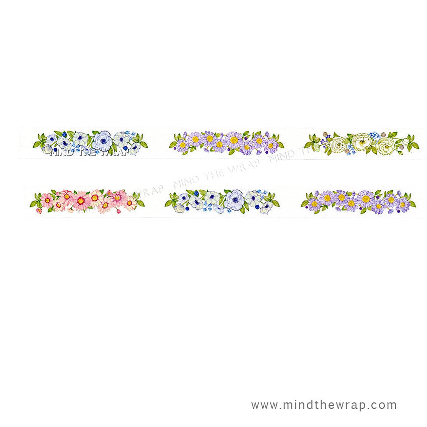 Manet Watercolor "Flower Garden" Japanese Washi Tape - 15mm x 10m - Garlands of Pastel Blue Purple White and Pink Flowers