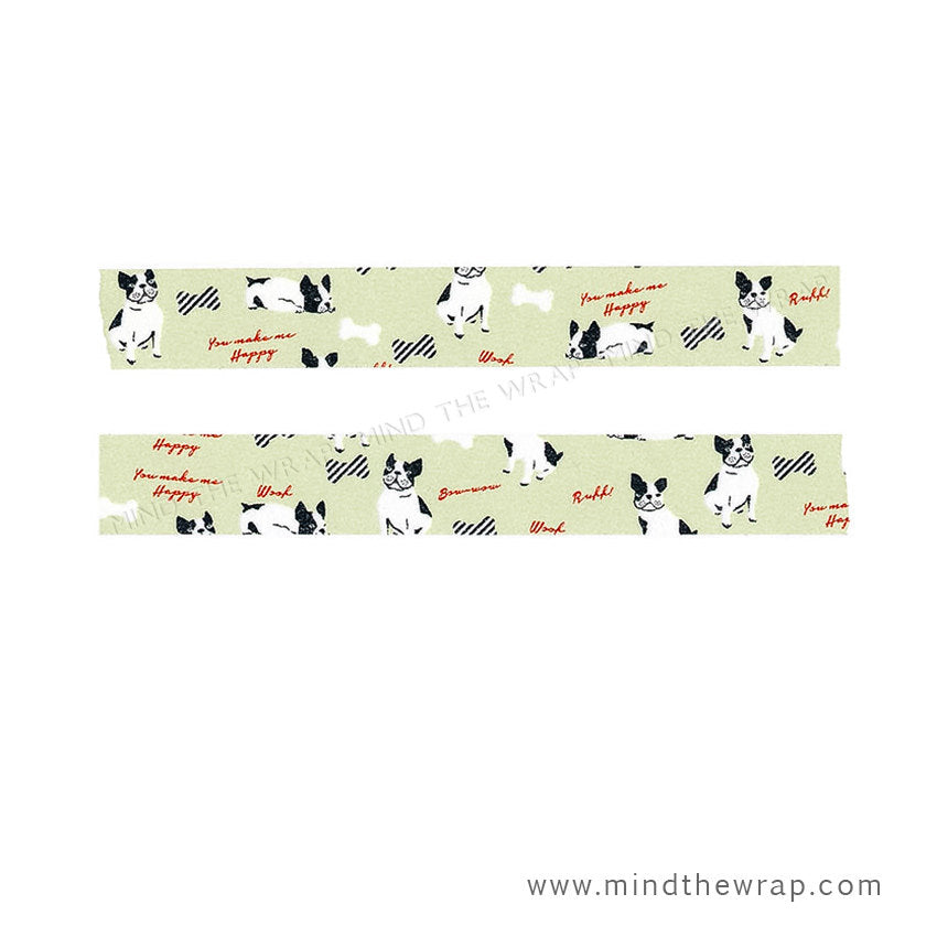 Masté French Bulldog Japanese Washi Tape - Adorable Frenchies - 15mm x 7m - Pale Green Black and White - Dogs Bones Bowties Woof Bow Wow