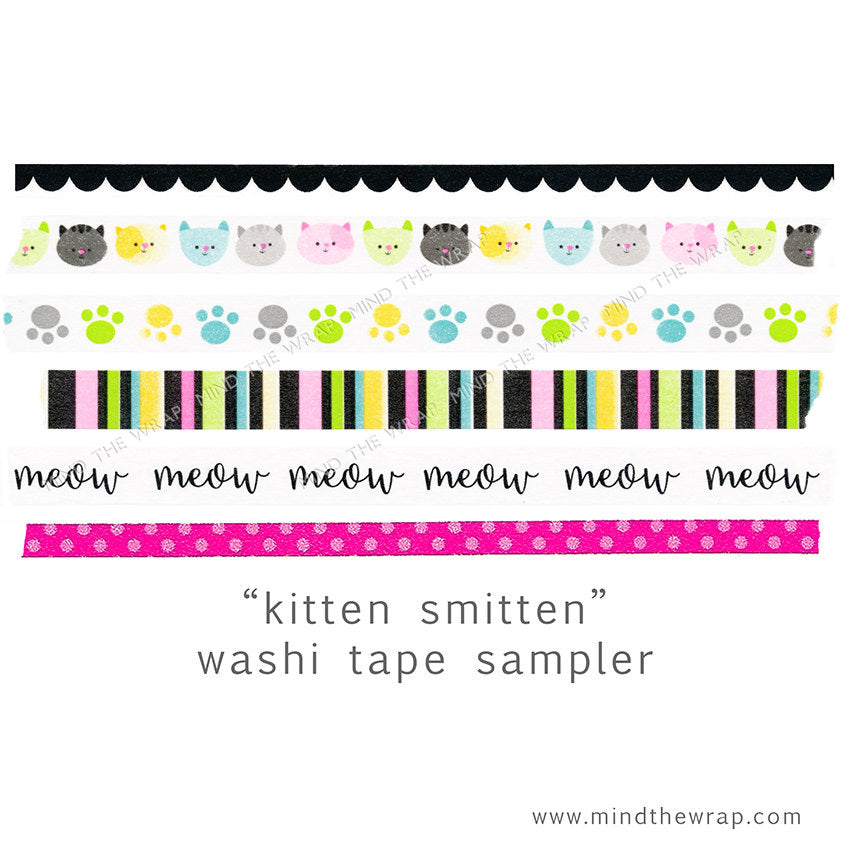 Washi Tape Sampler "Kitten Smitten" - 6 Doodlebug Designs on Wood Spools - 1 yard each - Cats Meow Paw Prints