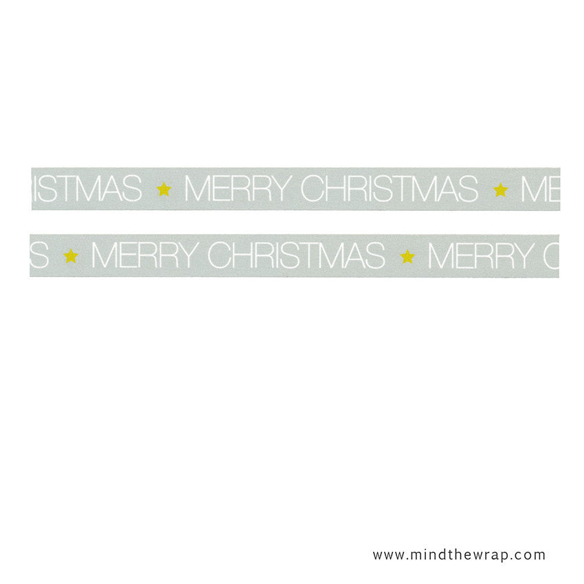 Merry Christmas Washi Tape - Gray and White with Yellow Stars - 15mm x 10m - Holiday Gift Wrap Planners Scrapbooks Decoration