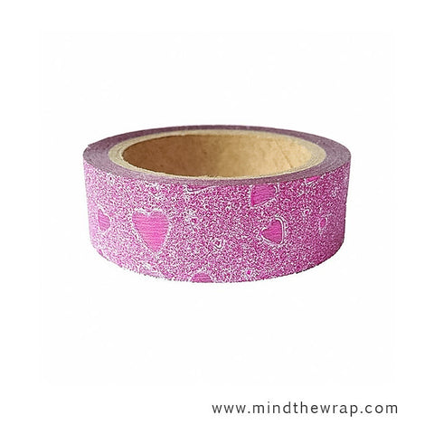 Pink Glitter Tape with Foil Hearts - 15mm x 5m -  Romantic Sparkle - Card-making Party Gift Wrap Planners Decoration Craft Supply