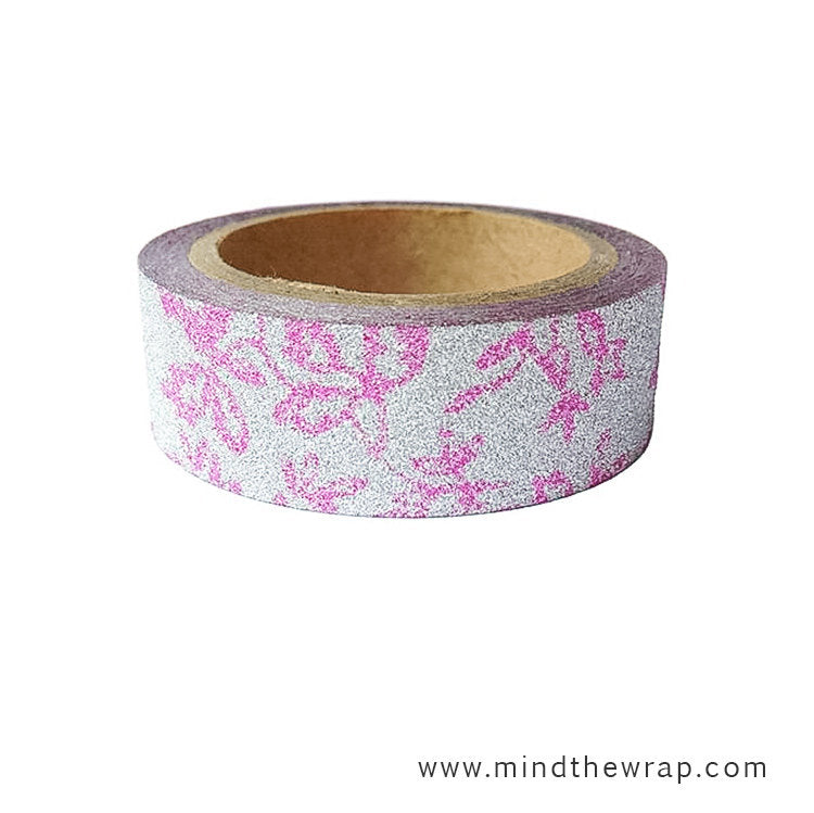 Glitter Tape Pink and Silver Floral - 15mm x 5m - Crafting Supply Planners Decoration Card Making