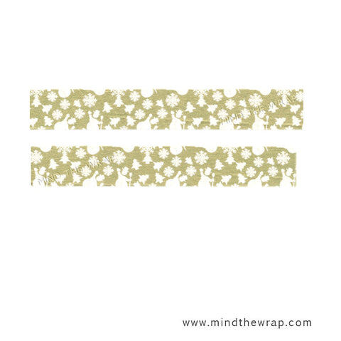 Snowman Washi Tape - Snowmen Snowflakes & Trees on Gold Metallic - 15mm x 10m - Planners Card Making Holiday Gift Wrap Crafts