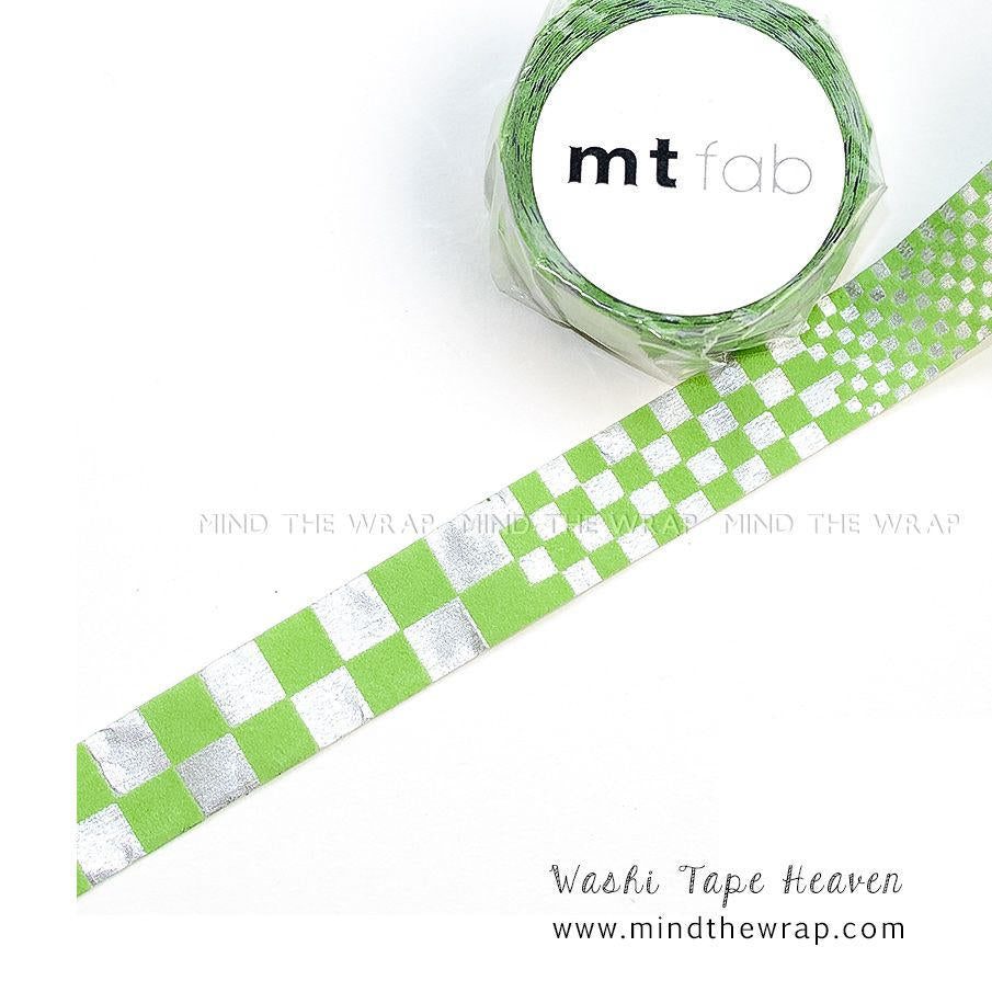 mt fab "Squares" Flocked Washi Tape - 15mm x 3m - Fuzzy Green and Silver Foil Checkerboard