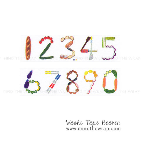 Aimez le Style "Grocery Numbers" Washi Tape - Wide 38mm x 7m - Numerals Composed of Foods Fruit Veggies Bread Kitchen Utensils