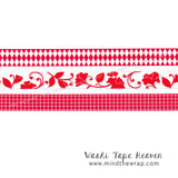 3 rolls - Red Washi Tape Set - 15mm x 10 yards per roll - Harlequin Floral Swirl and Grid Patterns