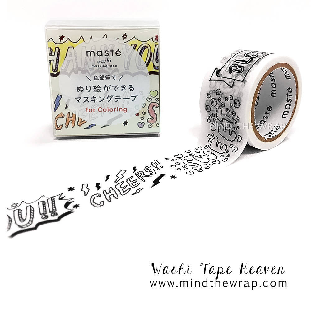Masté for Coloring Washi Tape - 25mm x 5m - Messages Thank You Sweet Cheers Nice - Color with Pencils