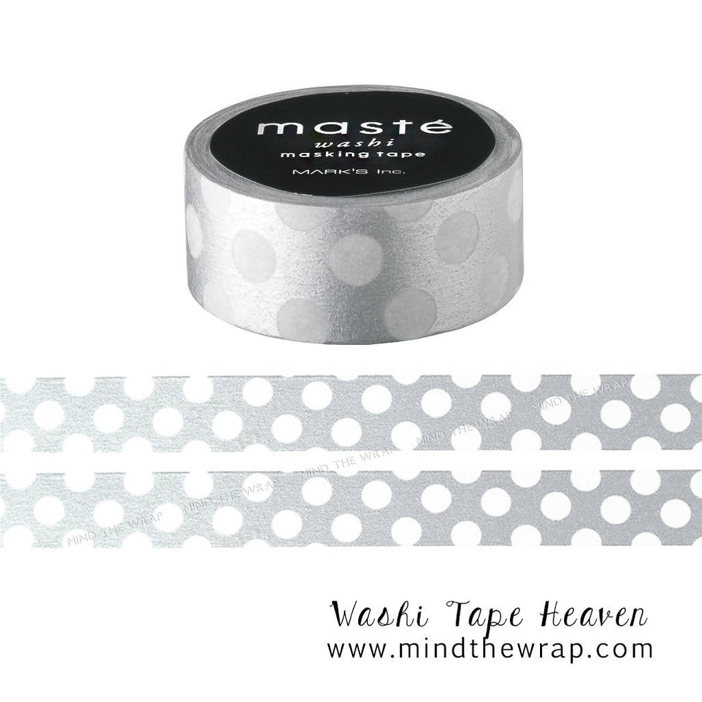 Masté Silver Metallic Japanese Washi Tape with White Polka Dots- 15mm x 7m - Planners Decoration Card-making Gift Wrap