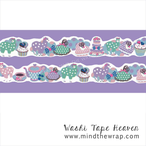 Die cut Alpacas "Tea time" Japanese Washi Tape - 20mm x 5m - Kayo Horaguchi Animals Tea Party - Pastel Pink Lilac Blue Mint