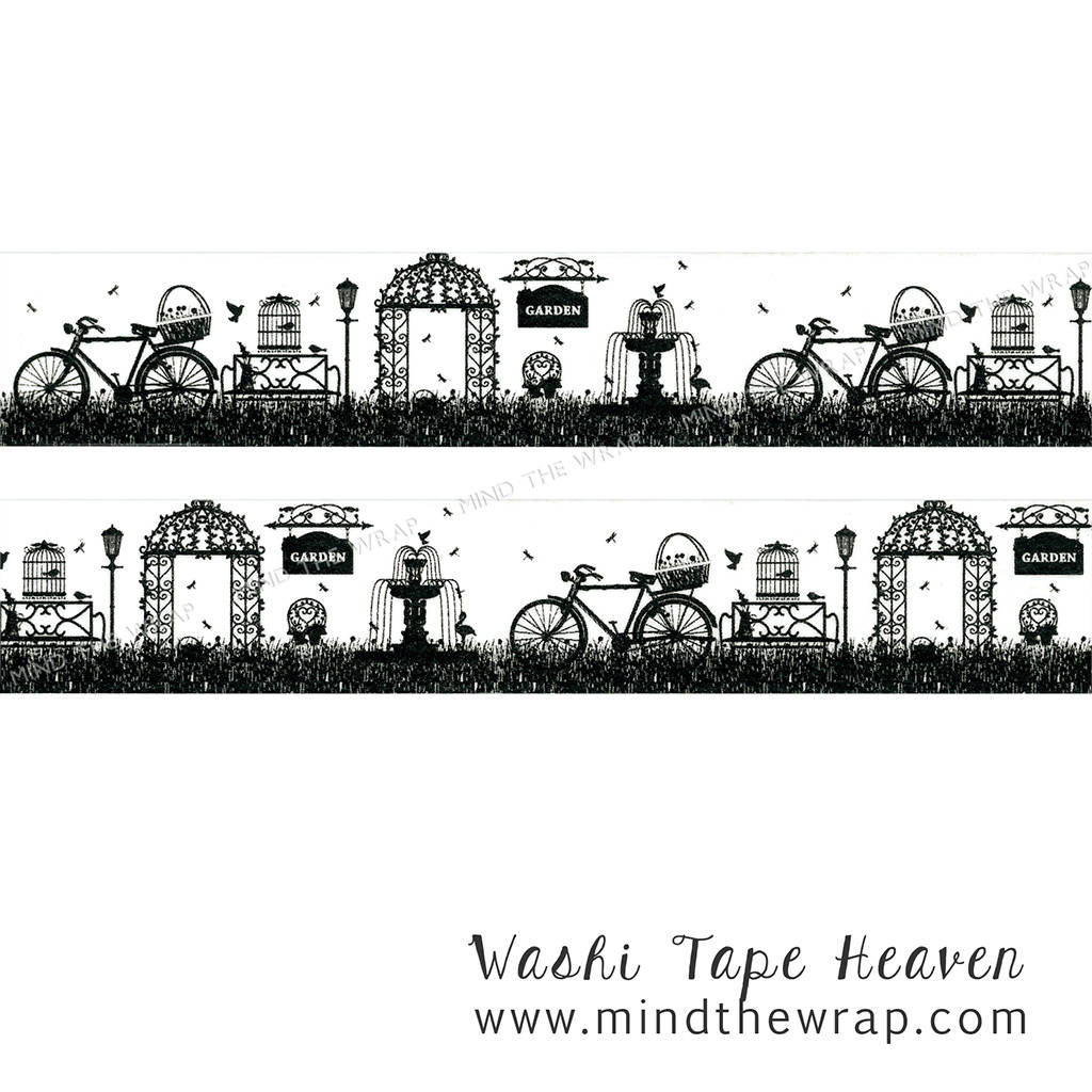 Vintage Garden Washi Tape - Wide 30mm x 10m - Garden Fountain Gazebo Bicycle Birds