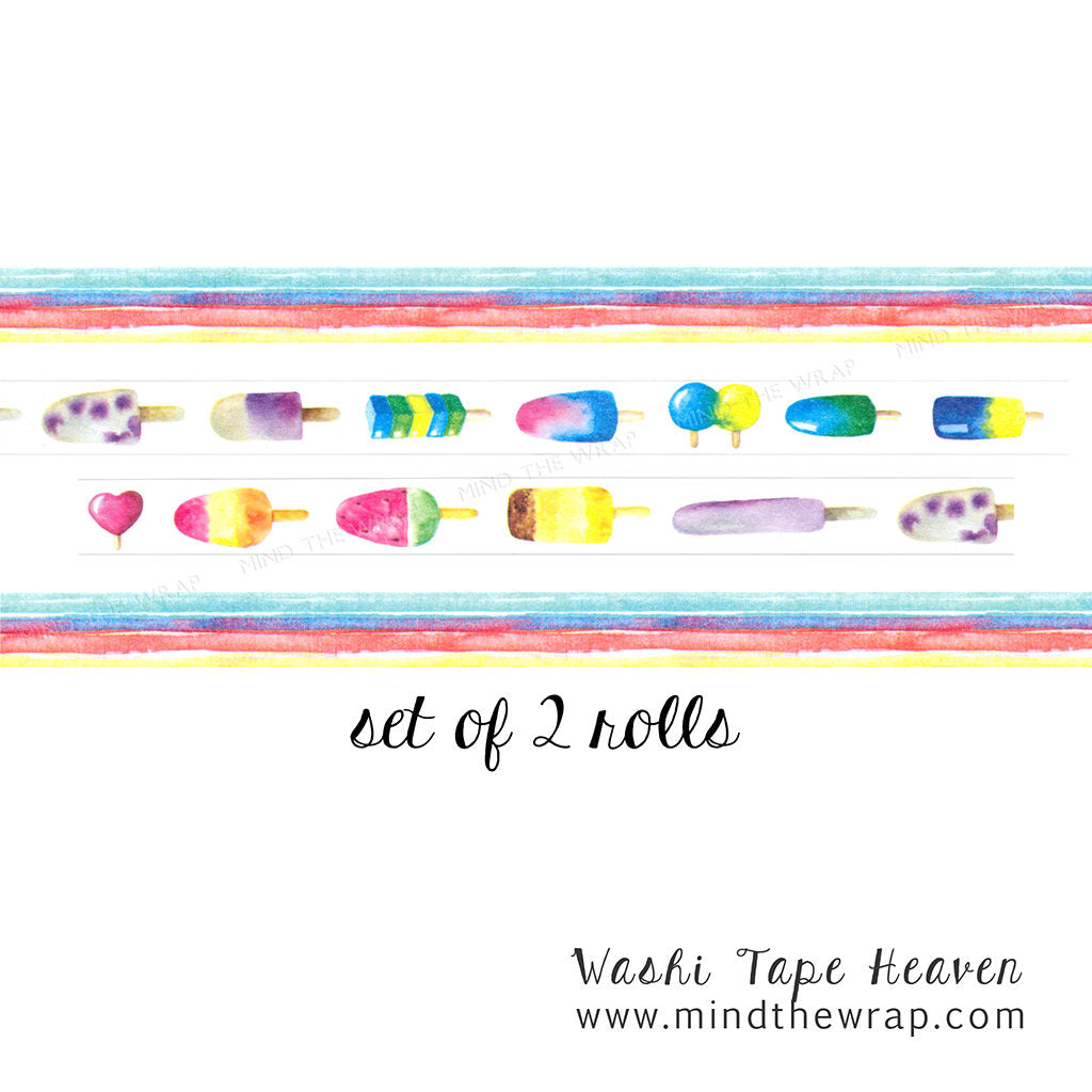 2 Rolls Popsicles & Stripes Washi Tape Set - 15mm x 8m each - Ice Cream Bars Planners Decoration Cards Scrapbooking Supply