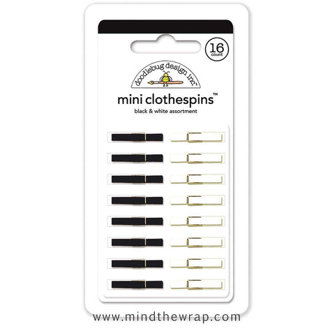 Doodlebug 1-inch Mini Clothespins - 16 count - Black & White - for Photos Cards Banners Gift Wrap Tags