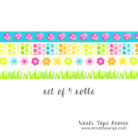 4 rolls - Spring Garden Washi Tape Set - 12 yards each - Doodlebug Little Ladybugs Rainbow Dots Playful Posies Green Grass